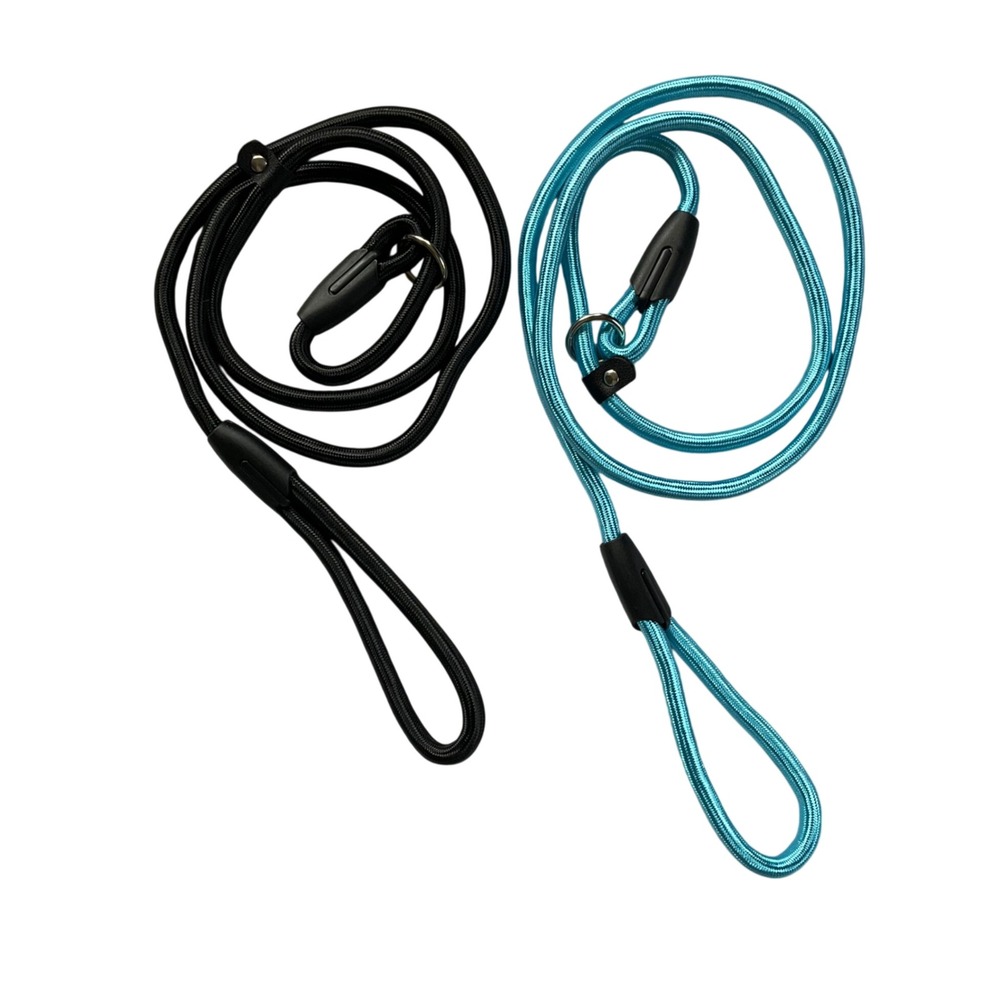 Set of 2‎ Braided Rope Slip Lead Dog Leashes Black & Turquoise Blue 54 Inch NWOT